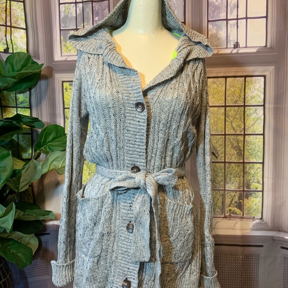 SO Knit Sweater Hoodie Oatmeal Pockets Belt Cardigan Buttons XL Duster Casual - Picture 6 of 14